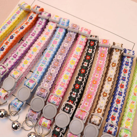 Hand Knitting Flower Pet Collar With Bell Colorful Retro Style Cat Collar Adjustable Safety Necklace For Cat Accessories